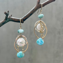 Larimar and Coin Pearl Mixed Metal Teardrop Hoops