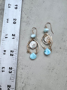 Larimar and Coin Pearl Mixed Metal Teardrop Hoops