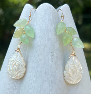 Prehnite and Mother of Pearl Lily Pad Woven Earrings